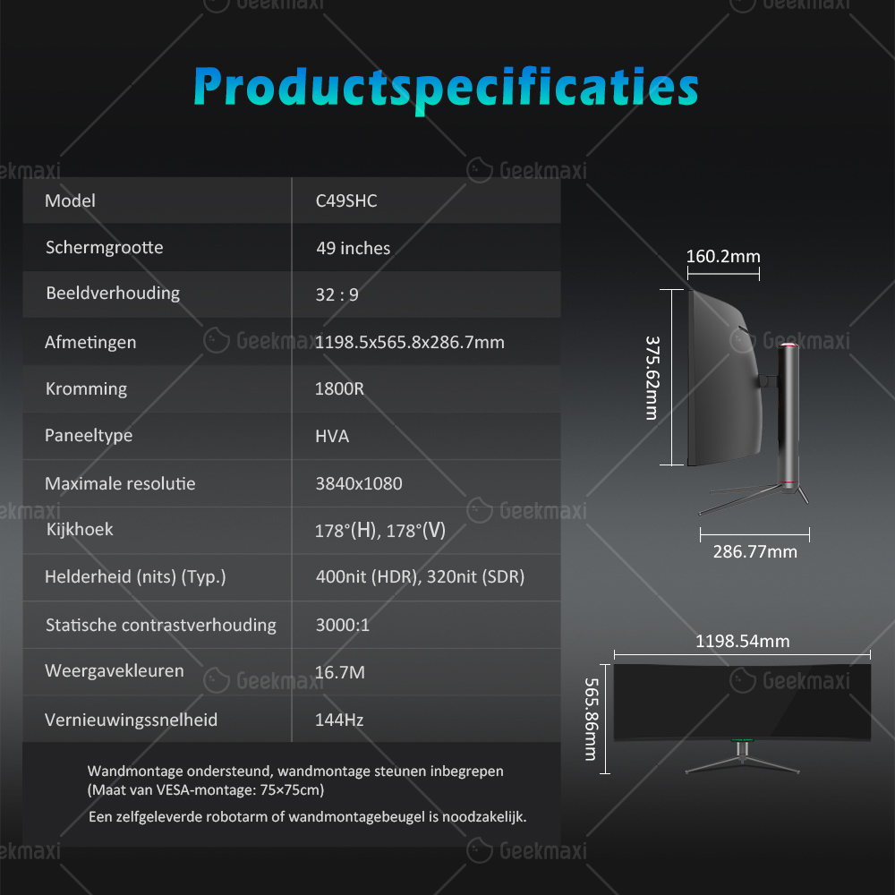 TITAN ARMY C49SHC 32:9 49-inch DFHD 3840×1080 Oversized Screen Gaming Monitor, CSOT HVA Paneel, Gebogen 1800R