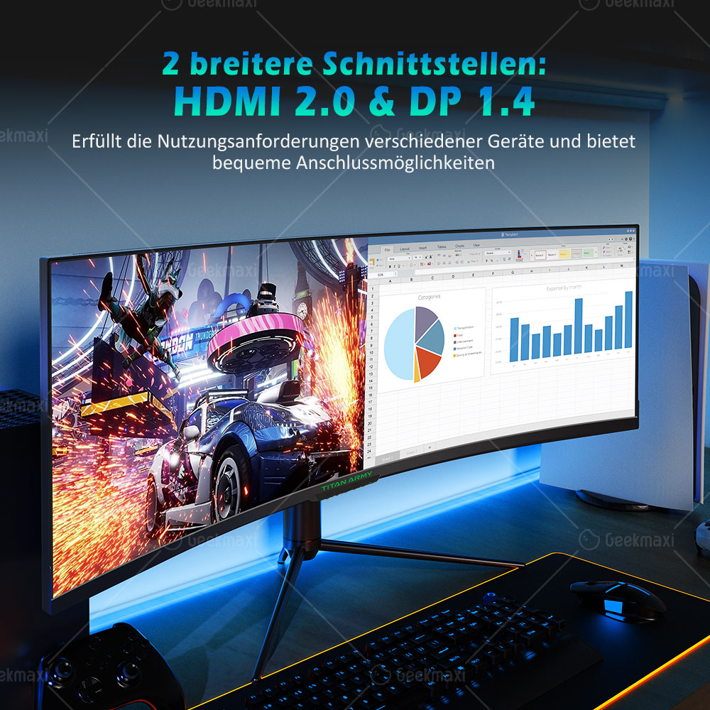 TITAN ARMY C49SHC 32:9 49 Zoll DFHD 3840×1080 Gaming Monitor, CSOT HVA Panel, Curved 1500R