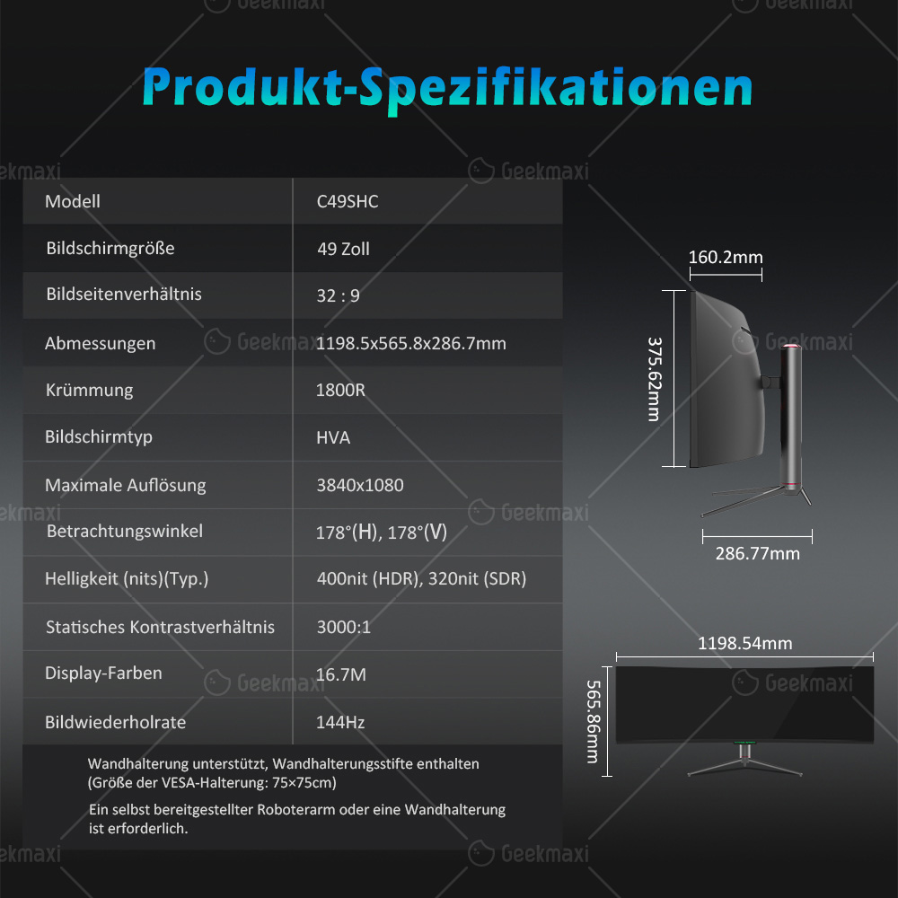 TITAN ARMY C49SHC 32:9 49 Zoll DFHD 3840×1080 Gaming Monitor, CSOT HVA Panel, Curved 1500R