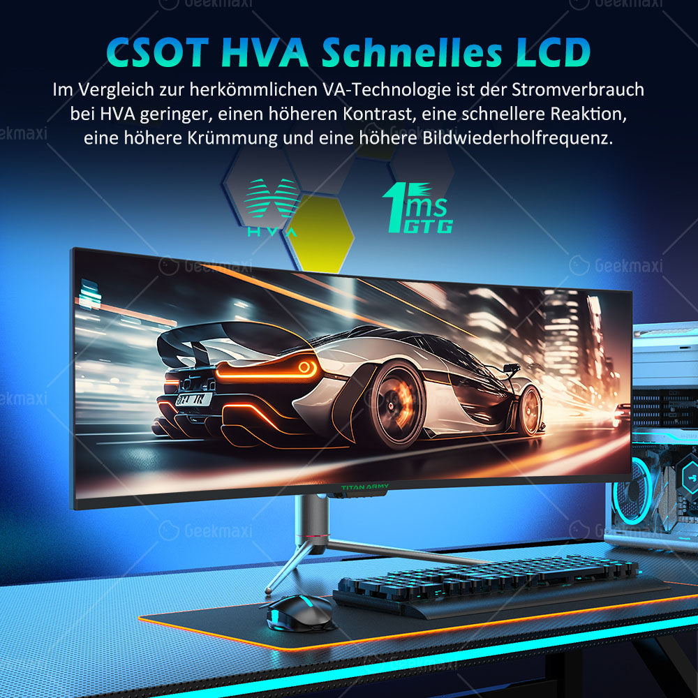 TITAN ARMY C49SHC 32:9 49 Zoll DFHD 3840×1080 Gaming Monitor, CSOT HVA Panel, Curved 1500R