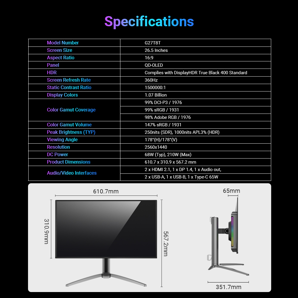 TITAN ARMY G27T8T Flat 26.5 Inches 16:9 QD OLED QHD 360Hz 2K Gaming Monitor, HDR 400, 0.03ms GTG