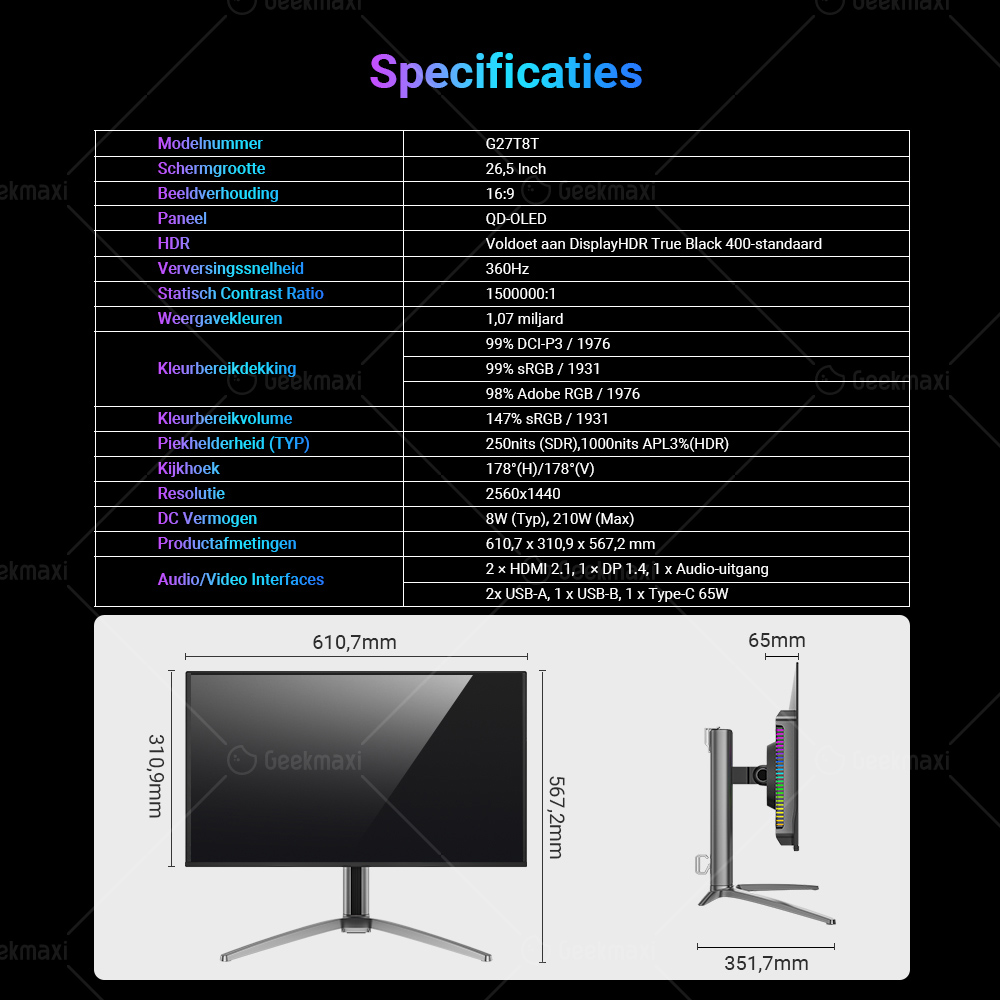 Gaming Monitor TITAN ARMY G27T8T Flat 26.5 Inches 16:9 QD OLED QHD 360Hz 2K, HDR 400, 0,03ms GTG