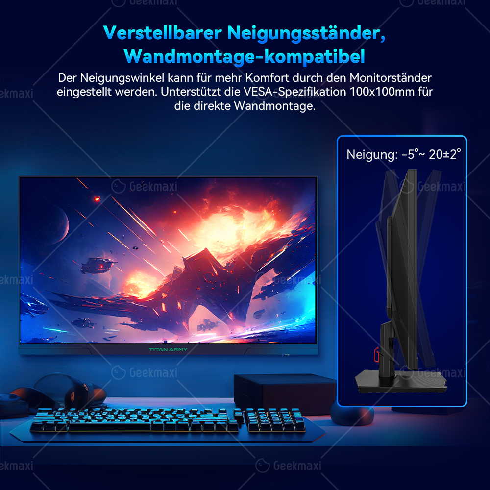 TITAN ARMY P27GR Flacher 27-Zoll 16:9 Schnell-IPS 2K QHD 180Hz Gaming-Monitor, 1ms GTG, HDR10, 99% sRGB, Niedriges Blaues Licht