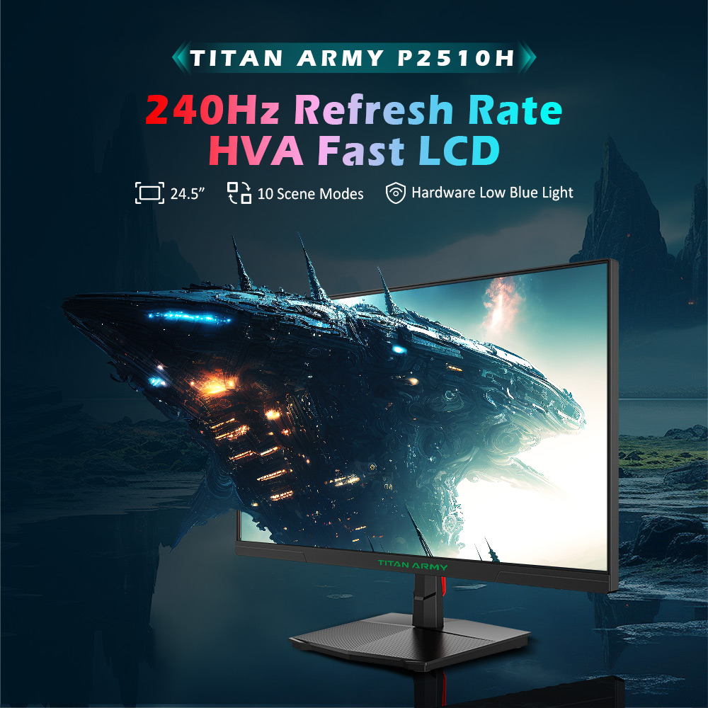 TITAN ARMY P2510H Flat 24.5 inch 16:9 HVA FHD 240Hz 2K Gaming Monitor, 1920x1080 Resolution, 10 Scene Modes, Low Blue Light