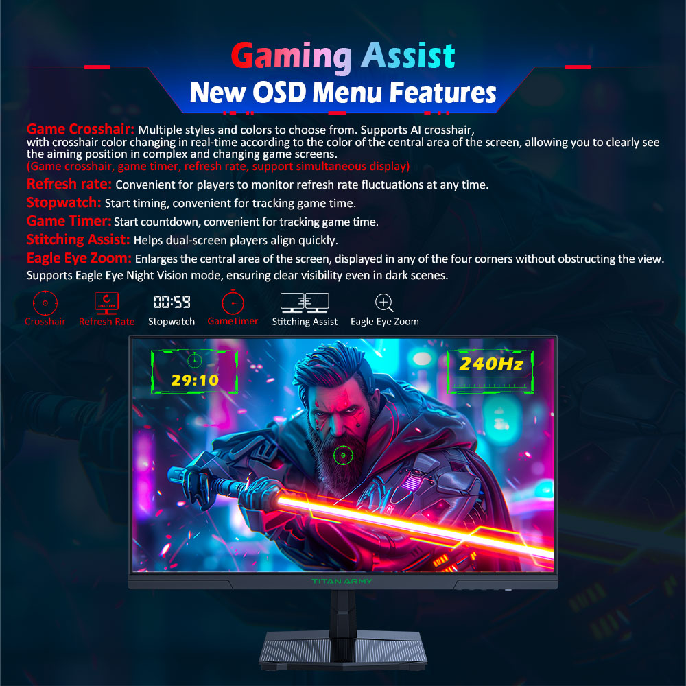 TITAN ARMY P2510H Flat 24.5 inch 16:9 HVA FHD 240Hz 2K Gaming Monitor, 1920x1080 Resolution, 10 Scene Modes, Low Blue Light