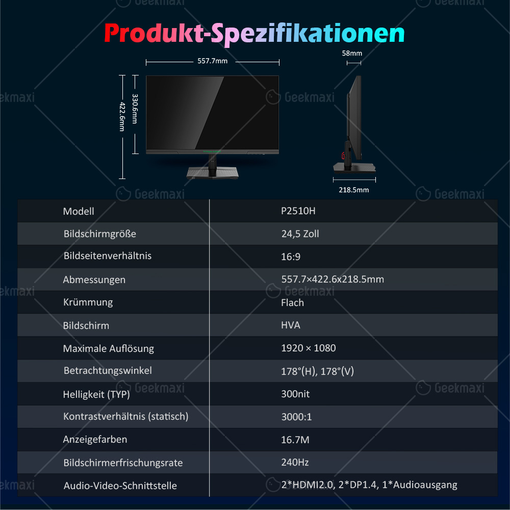 TITAN ARMY P2510H Flacher 24,5 Zoll 16:9 HVA FHD 240Hz 2K Gaming Monitor, 1920x1080 Auflösung, 10 Szenemodi, Low Blue Light