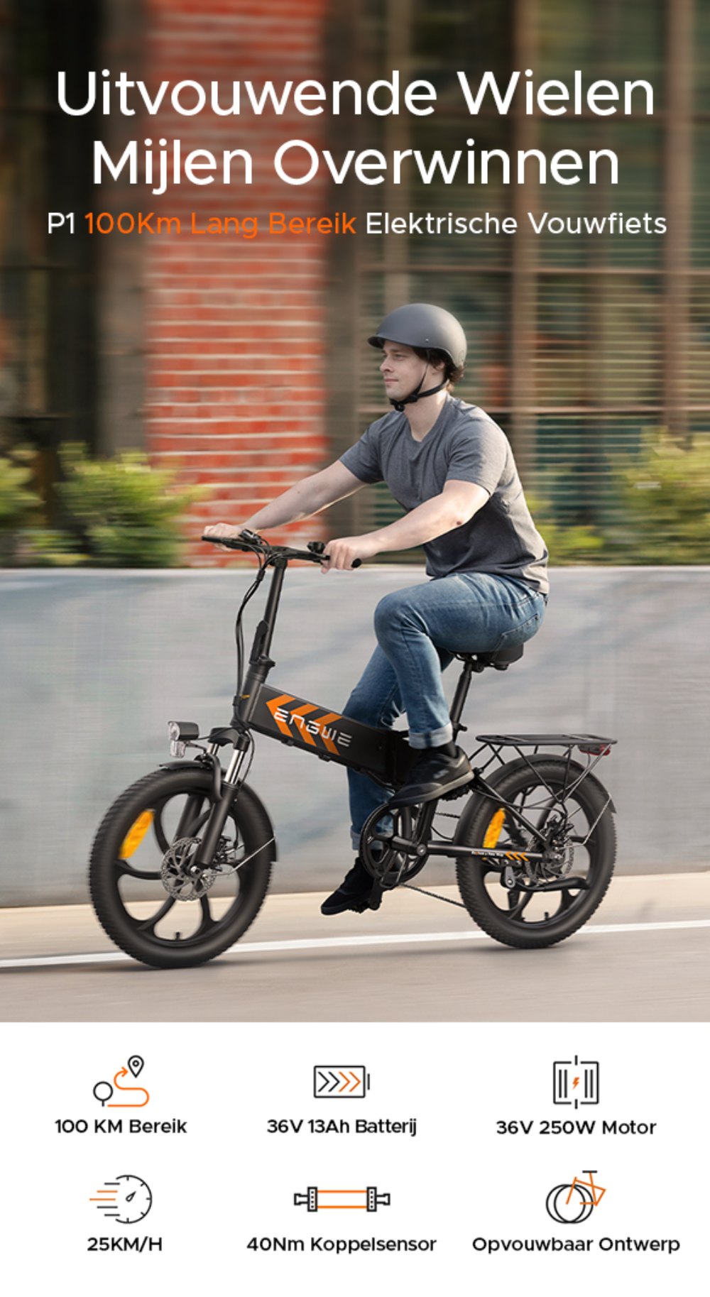 Opvouwbare Elektrische Fiets ENGWE P1, 250W 36V 13Ah 25km/h 50-100KM 40N.m Koppelsensor 20*3 Inch Band, EU-conform-Sliver