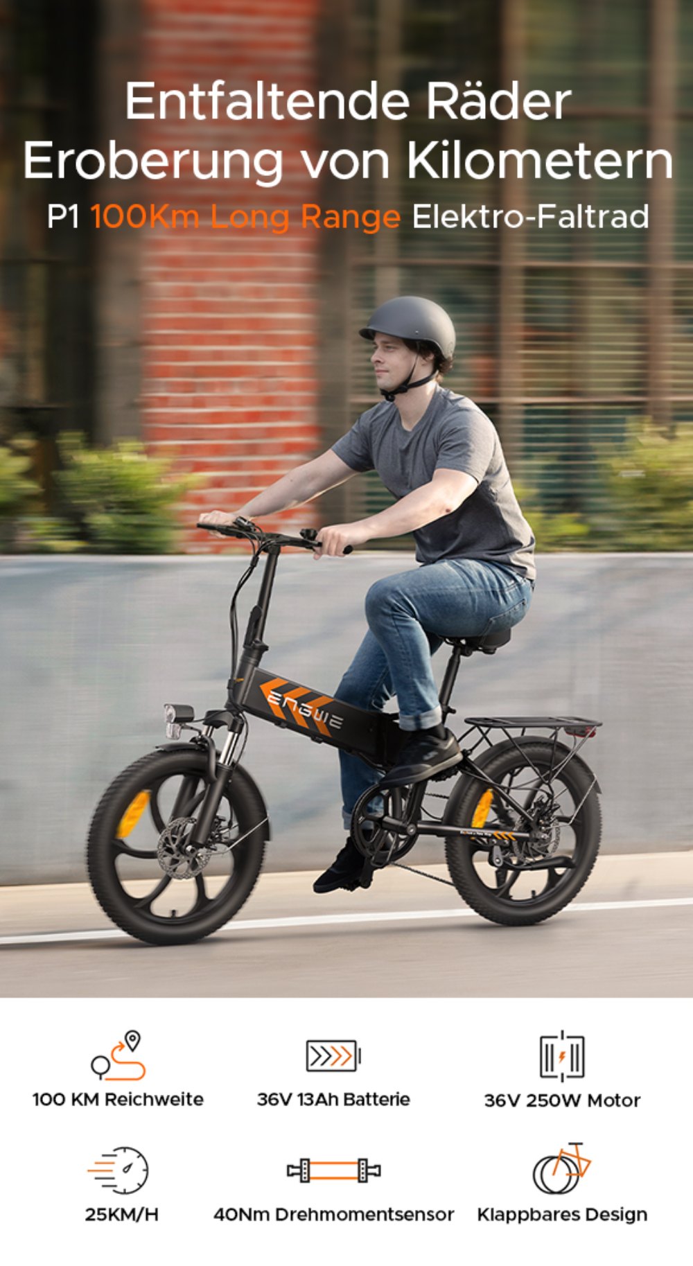 Faltbares Elektrofahrrad ENGWE P1, 250W 36V 13Ah 25km/h 50-100KM 40N.m Drehmomentsensor 7-Gang 20*3 Zoll Reifen, EU-konform-Weiß