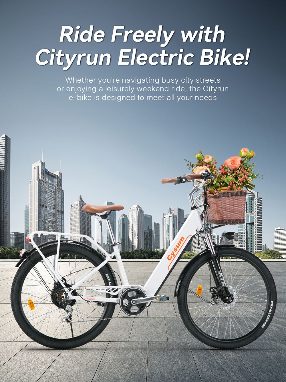 CYSUM Cityrun-26 Elektrofahrrad, 26 Zoll Reifen, 250W Motor, 36V 10Ah Akku, 25 km/h Höchstgeschwindigkeit - Weiß