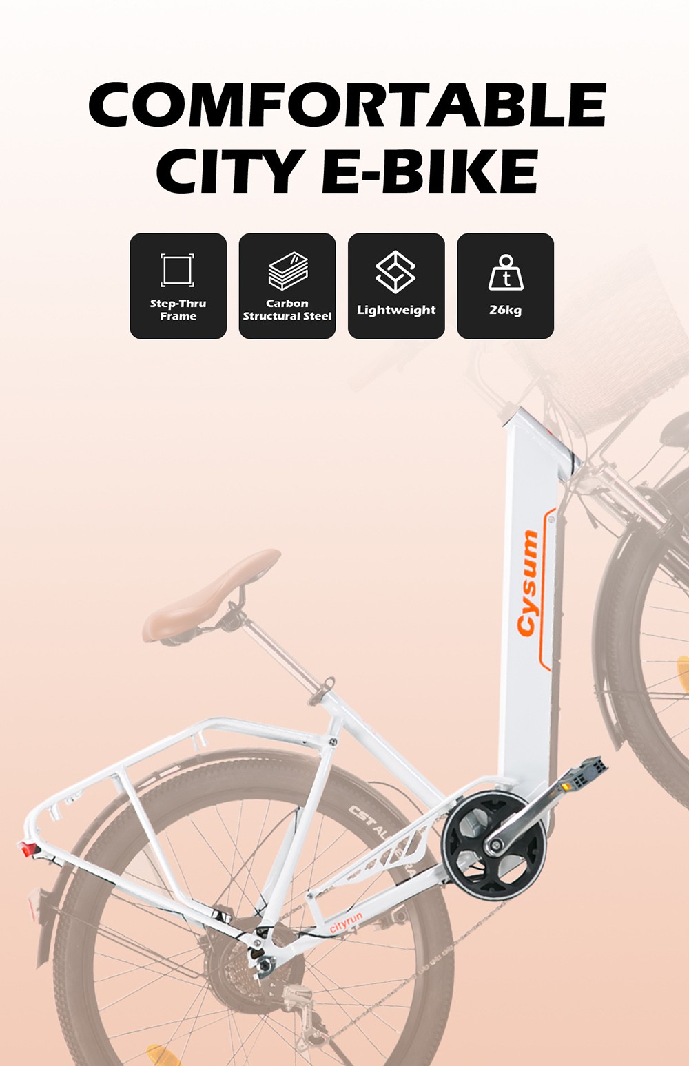 CYSUM Cityrun-26 Electric Bike, 26 Tire, 250W Motor, 36V 10Ah Battery, 25km/h Max Speed - White