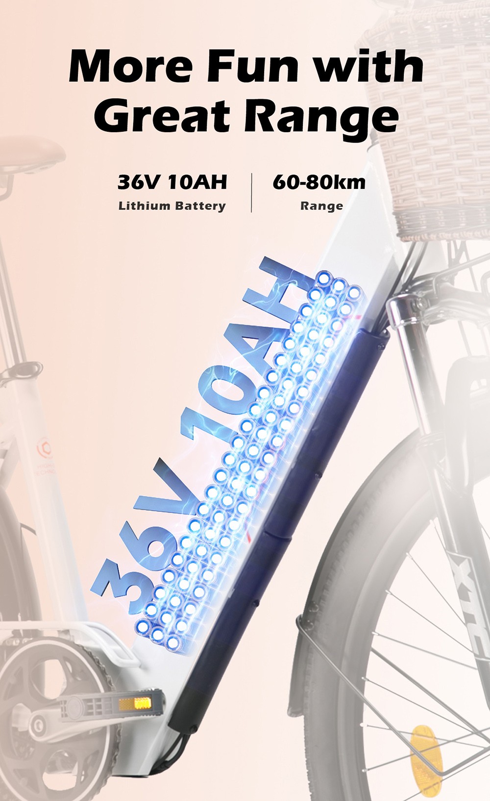 CYSUM Cityrun-26 Electric Bike, 26 Tire, 250W Motor, 36V 10Ah Battery, 25km/h Max Speed - White