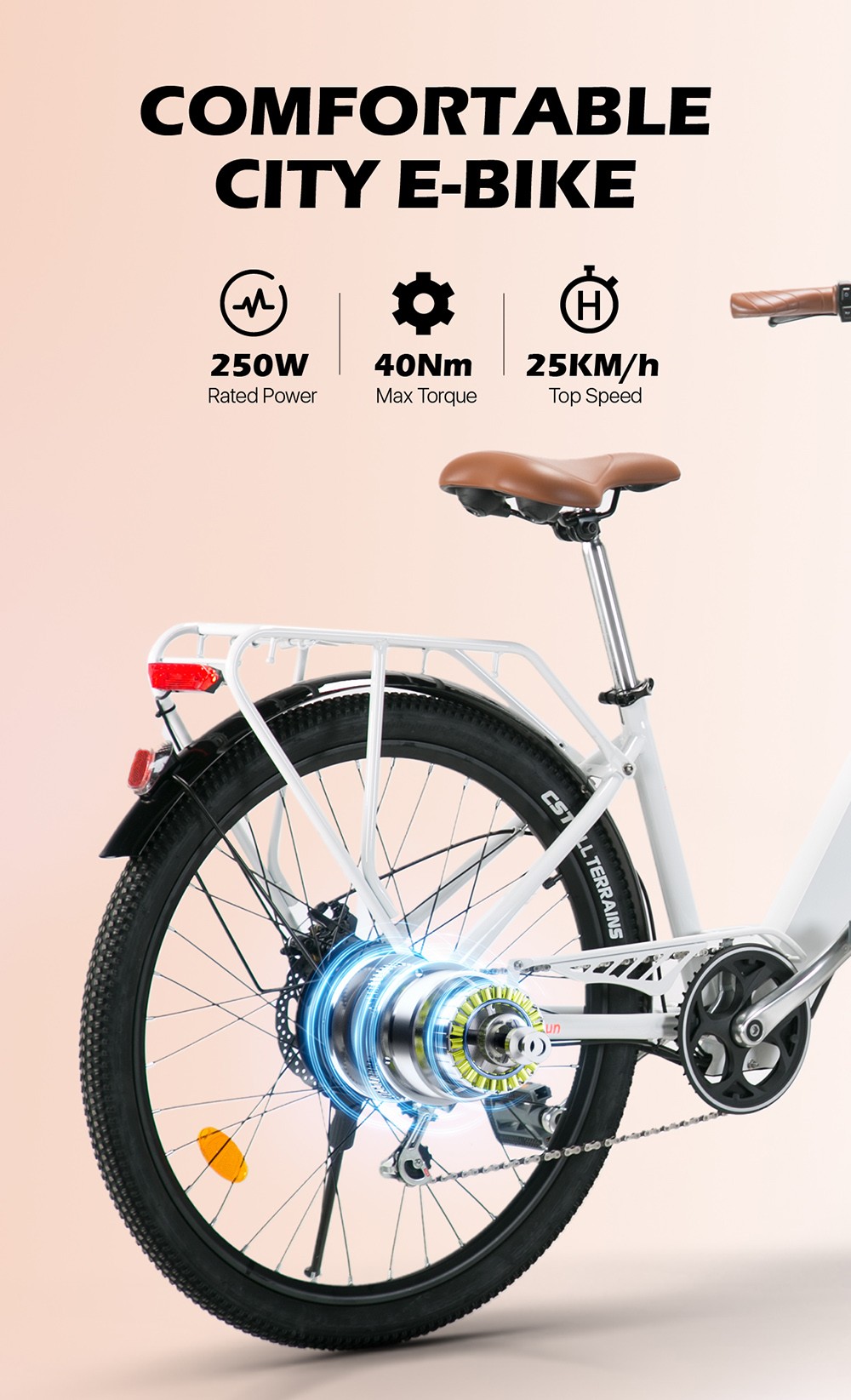 CYSUM Cityrun-26 Electric Bike, 26 Tire, 250W Motor, 36V 10Ah Battery, 25km/h Max Speed - White