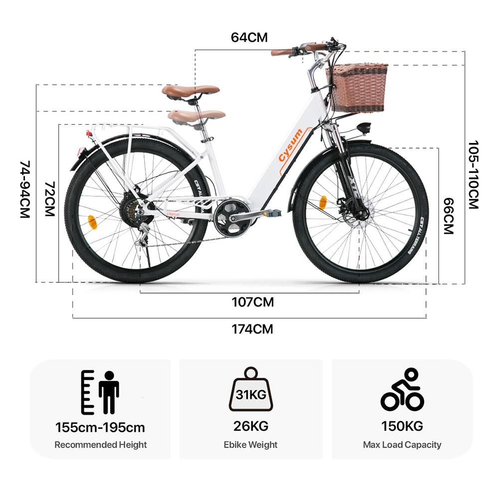 CYSUM Cityrun-26 Elektrofahrrad, 26 Zoll Reifen, 250W Motor, 36V 10Ah Akku, 25 km/h Höchstgeschwindigkeit - Weiß