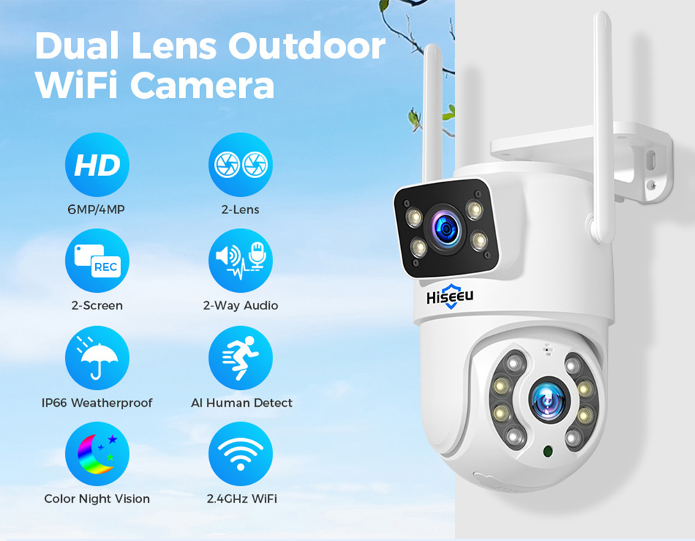 Hiseeu 4K 6MP Outdoor WiFi Camera, Dual Lens, Double Screen, 2-way Audio, Color Night Vision, Auto Tracking