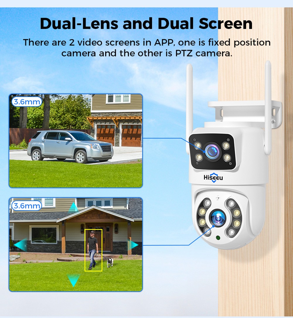 Hiseeu 4K 6MP Outdoor WiFi Camera, Dual Lens, Double Screen, 2-way Audio, Color Night Vision, Auto Tracking