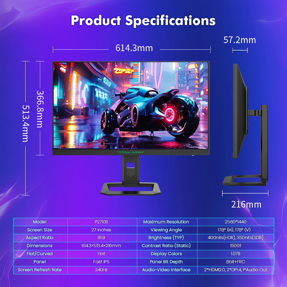 TITAN ARMY P2710S 27 Inch 16:9 Fast IPS 2K QHD 240Hz Gaming Monitor with Rotating Stand, 1ms GTG, HDR400