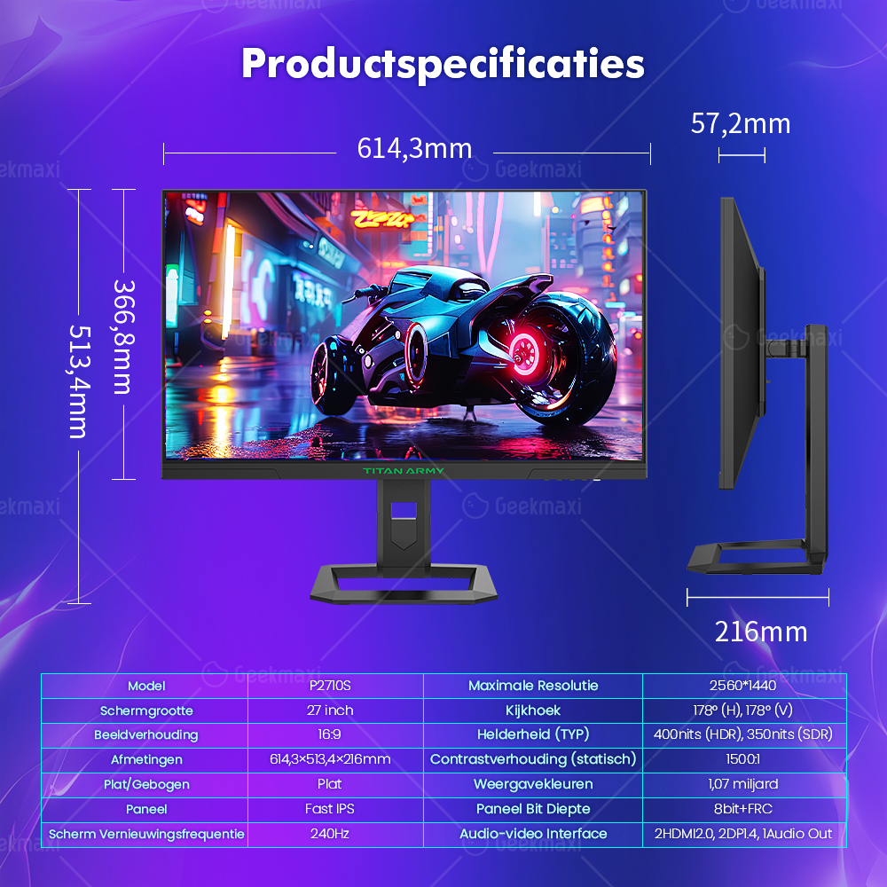 Gaming Monitor TITAN ARMY P2710S 27 Inch 16:9 Snelle IPS 2K QHD 240Hz met Roterende Standaard, 1ms GTG, HDR400