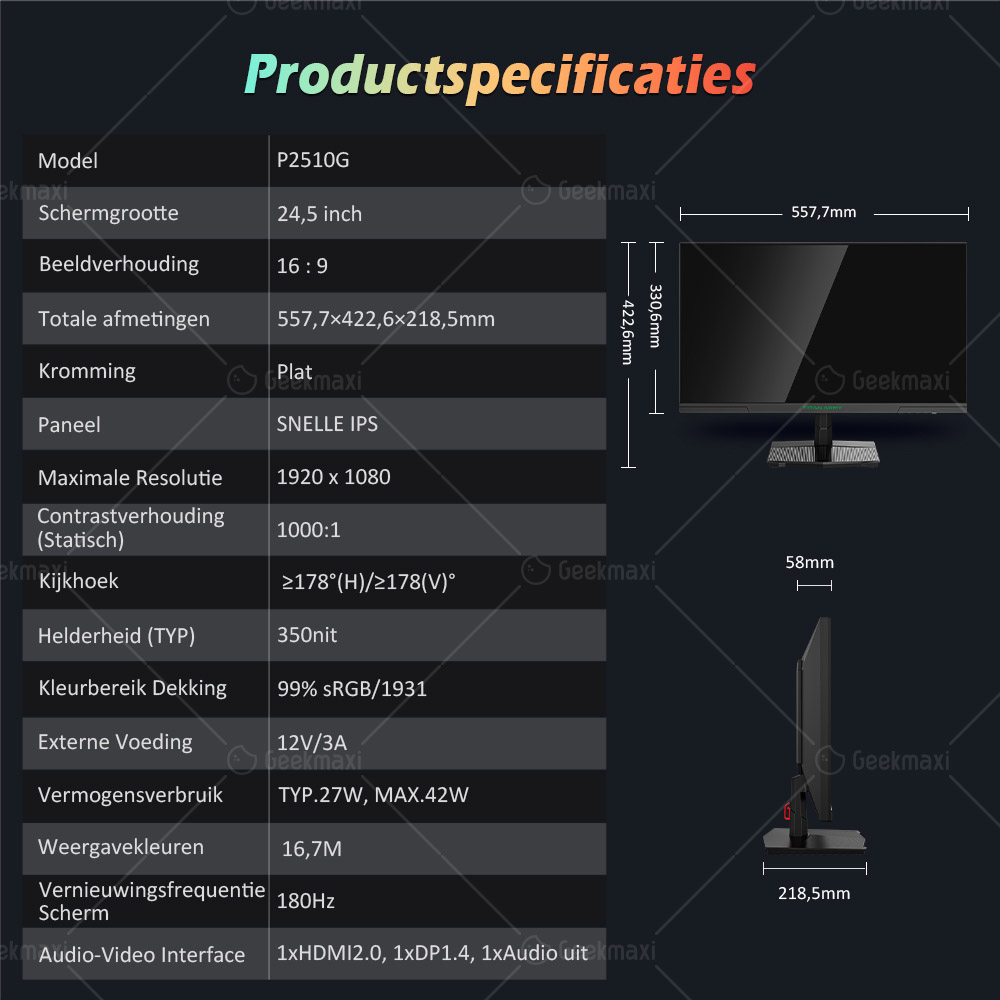 Gaming Monitor TITAN ARMY P2510G Platte 24,5-Inch 16:9 Snelle IPS FHD 180Hz, 1ms GTG, HDR10, 1920x1080 Resolutie
