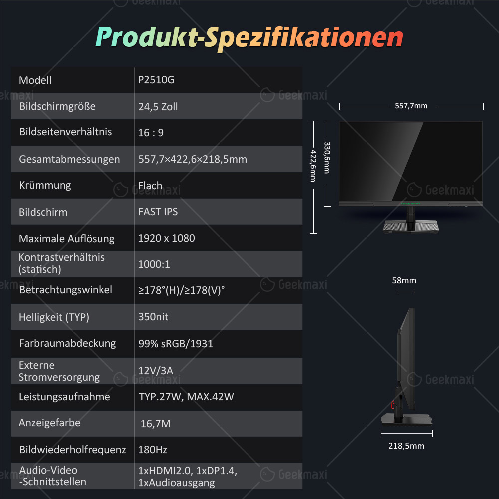 Gaming Monitor TITAN ARMY P2510G Flacher 24,5 Zoll 16:9 Fast IPS FHD 180Hz, 1ms GTG, HDR10, 1920x1080 Auflösung