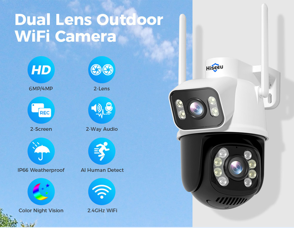 Hiseeu WS318B 4K 6MP Outdoor WiFi Camera, Dual Lens, Double Screen, 2-way Audio, Color Night Vision - Black