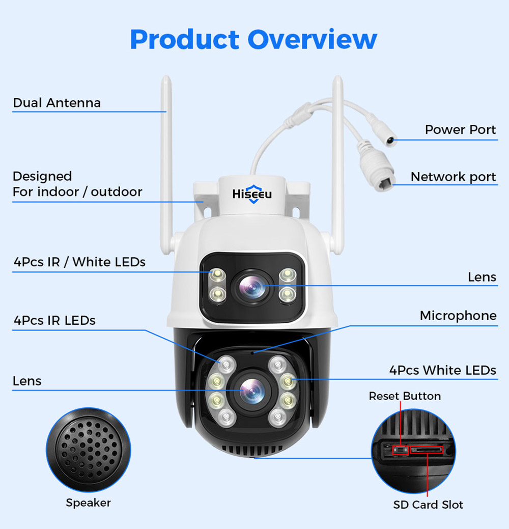 Hiseeu WS318B 4K 6MP Outdoor WLAN Kamera, Doppelobjektiv, Doppelbildschirm, 2-Wege-Audio, Farb-Nachtsicht - Schwarz