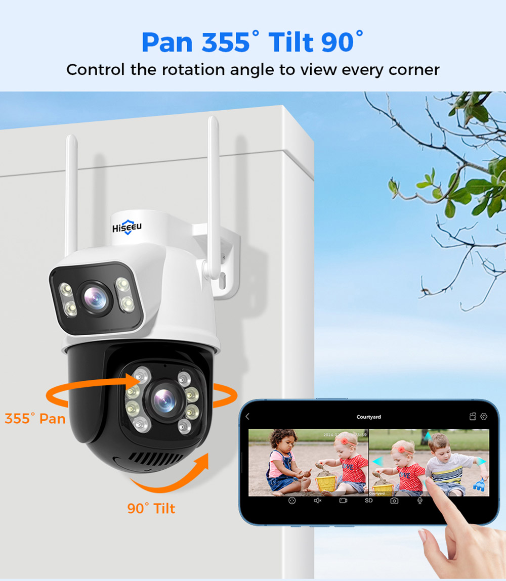 Hiseeu WS318B 4K 6MP Outdoor WiFi Camera, Dual Lens, Double Screen, 2-way Audio, Color Night Vision - Black