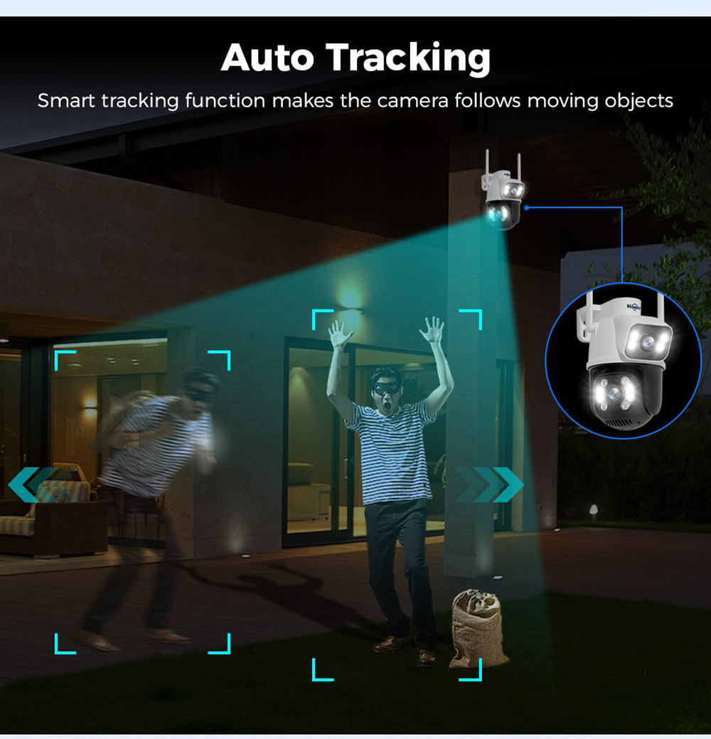 Hiseeu WS318B 4K 6MP buiten-WiFi-camera, dubbele lens, dubbel scherm, 2-weg audio, kleurennachtzicht - zwart