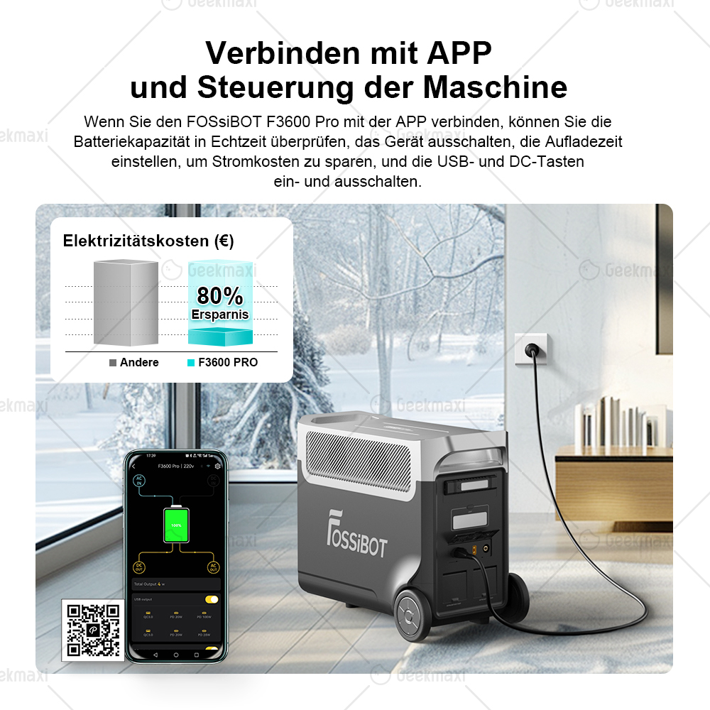 FOSSiBOT F3600 Pro 3840Wh 3600W Tragbar Powerstation,LiFePO4-Batterie, App-Steuerung, erweiterbar auf bis zu 11520Wh