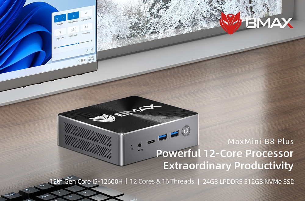 BMAX B8 Plus Mini PC, Intel Core i5-12600H 12 Kerne max. 4,5GHz, 24GB LPDDR5 RAM 512GB SSD