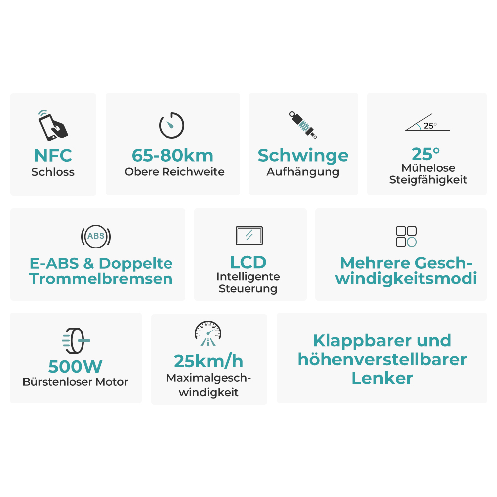 Ausom GX1-25KM/H Klappbarer Elektroroller, 500W Motor, 48V 15,6Ah Akku, NFC Entriegelung, 9 x3,0 Zoll Reifen, 80km