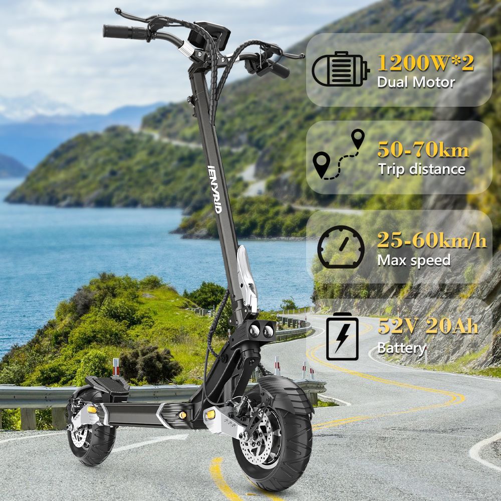 iENYRID ES30 opvouwbare elektrische scooter, 2 * 1200W motor, 52V 20Ah batterij, 10 * 3 “banden, richtingaanwijzer - Zilver