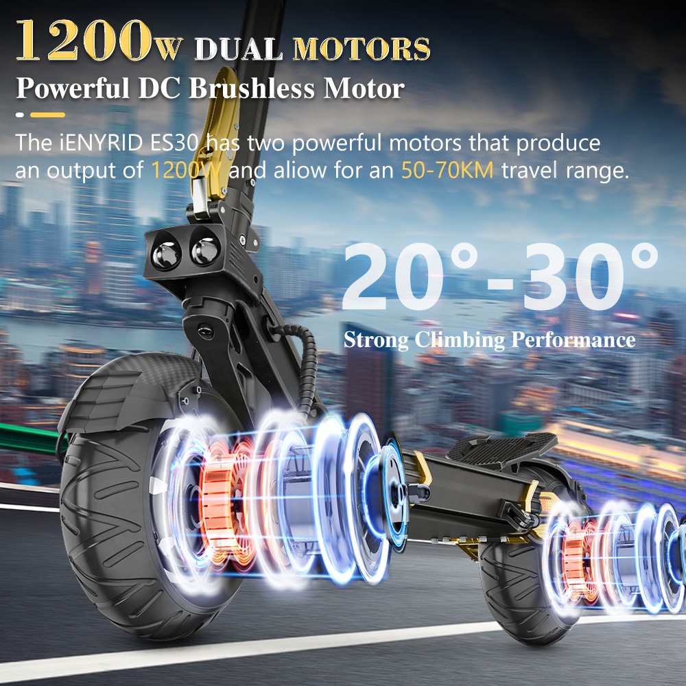 iENYRID ES30 opvouwbare elektrische scooter, 2 * 1200W motor, 52V 20Ah batterij, 10 * 3 “banden, richtingaanwijzer - Golden