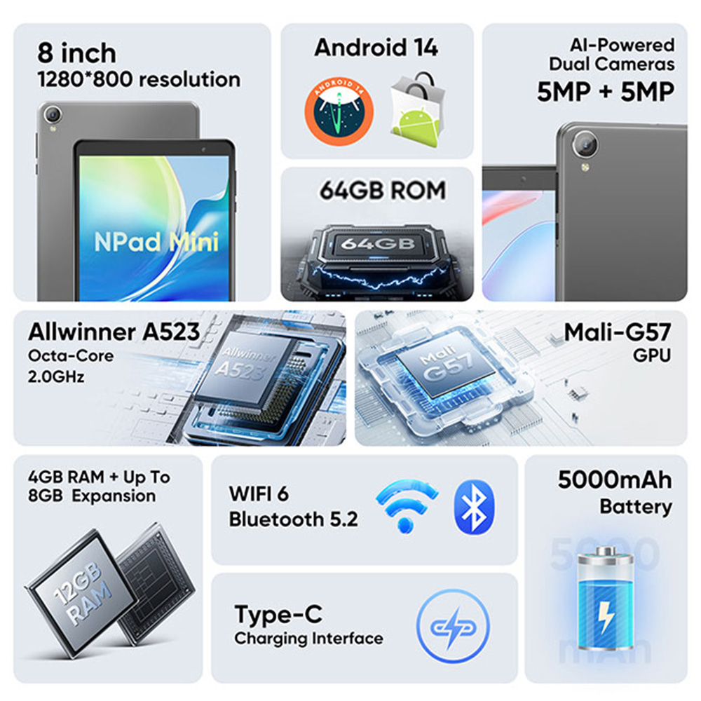 N-one Npad Mini Android 14 Tablet, 8 1280 * 800 IPS scherm, Allwinner A523 8 kernen Max 2.0 GHz, 4GB+8GB RAM 64GB ROM