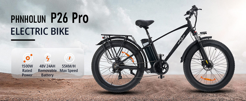 PHNHOLUN P26 Pro elektrische fiets, 1000W motor, 48V 24Ah verwijderbare batterij, 26*4,0 inch dikke banden