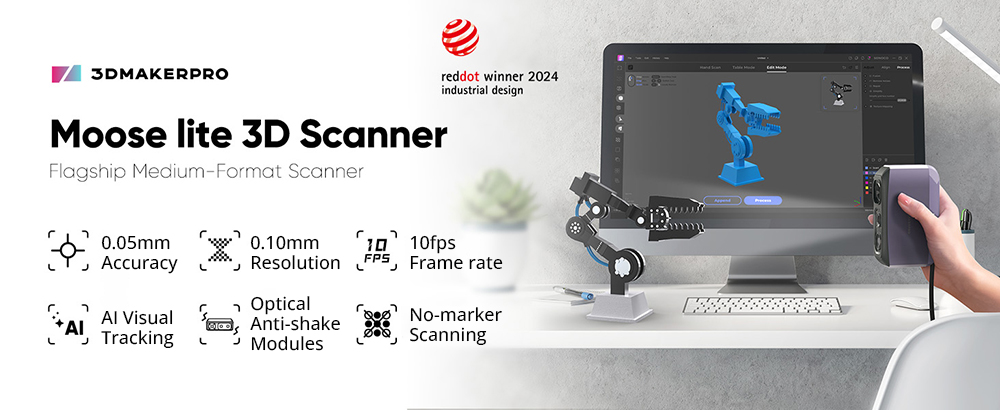 3D Scanner 3DMakerpro Moose Lite, 0,05 mm nauwkeurig, 0,10 mm resolutie, NIR lichtbron, 24-bits kleurencamera