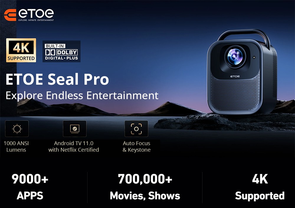 Projector ETOE Seal Pro, 1000 ANSI, Native 1080P, Android TV 11.0, Auto Focus, Auto Keystone Correction