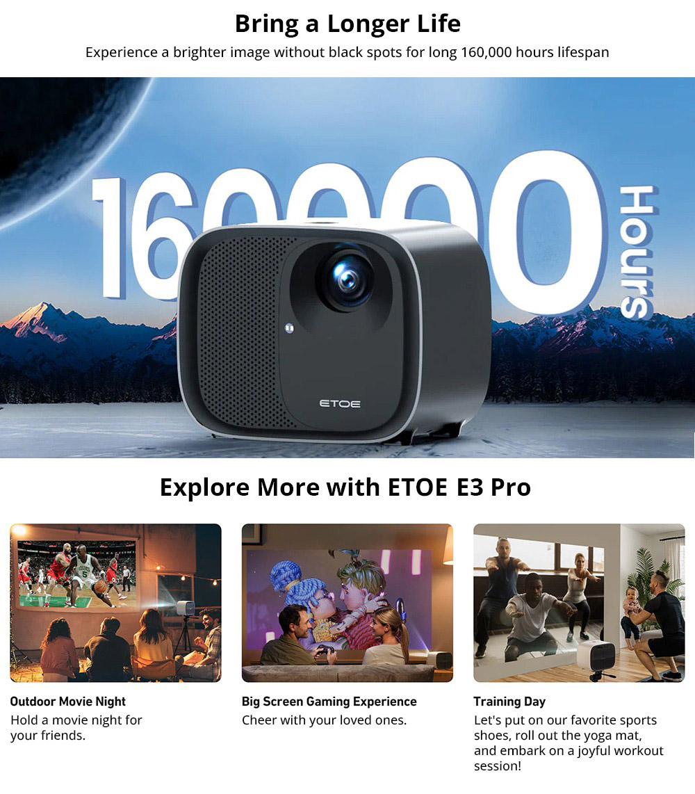 600 ANSI LCD-projector ETOE E3 Pro, Native 1080P, 4K-decodering, Android TV, Automatische scherpstelling & Keystone-correctie