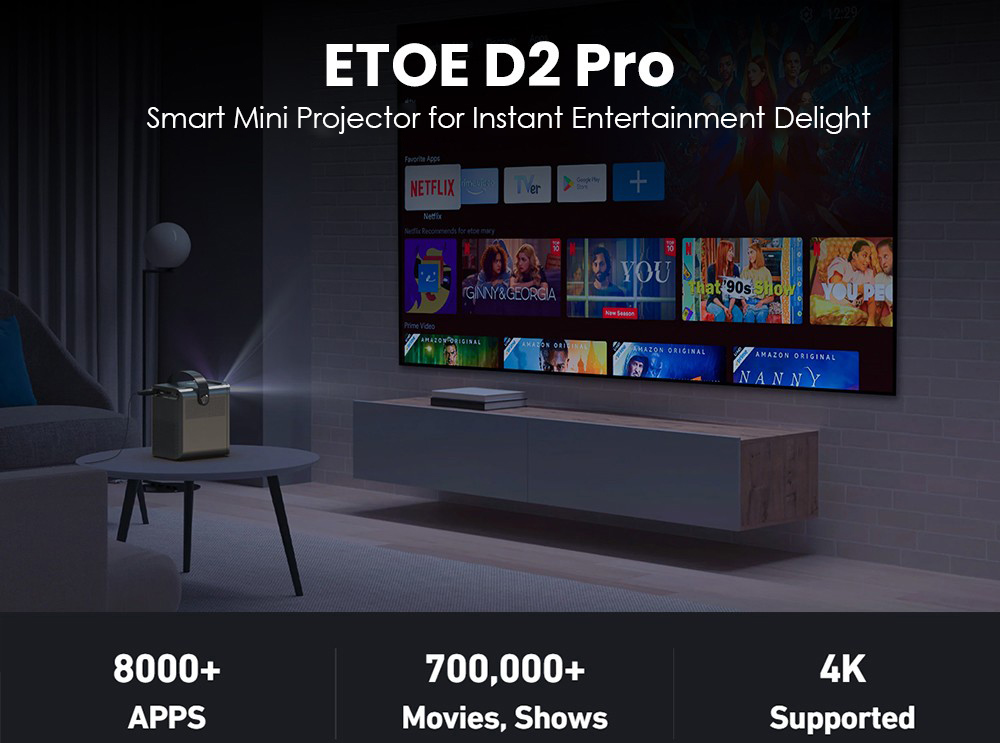 Projector ETOE D2 Pro, 300 ANSI, Android TV 10, 4K Decoding, Native 1080P, Keystone Correction - Black