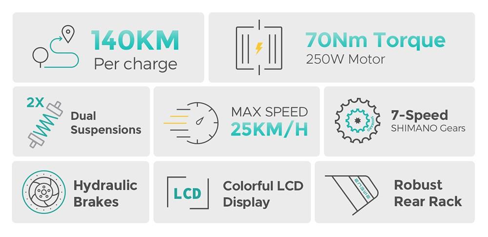 ENGWE E26 Mountain Electric Bike, 48V 16AH Batterie, 250W Motor, Shimano 7-Gang Schaltung, 140km maximale Reichweite - Gelb