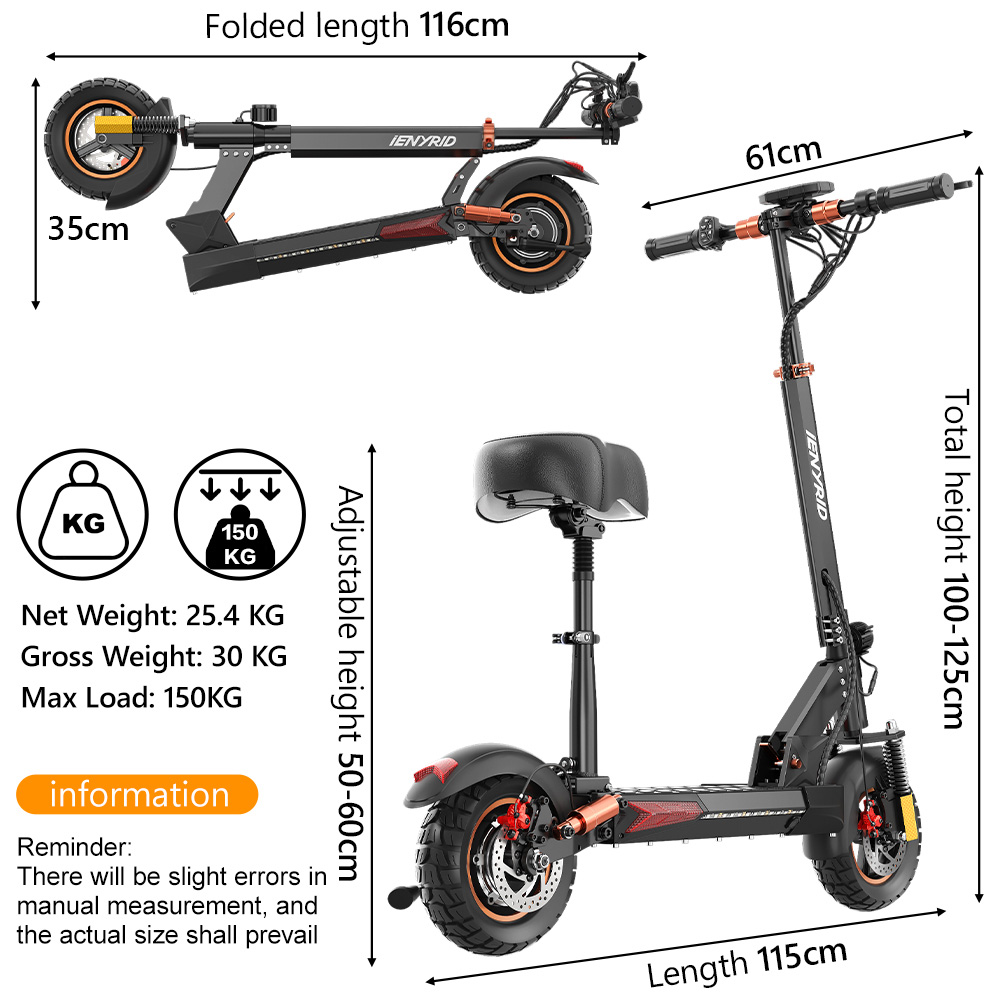 Faltbarer Off-Road E-Scooter IENYRID M4PRO S+ MAX, 800W 48V 20Ah(960Wh) 60KM 45km/h,10-Zoll-Reifen,Abnehmbarer Sitz,Tri-Federung