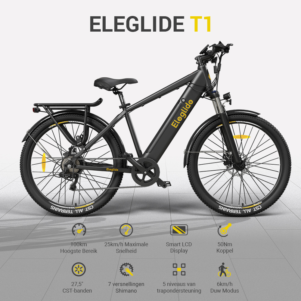 E-bike  T1 Step-over Elektrische Trekkingfiets, 36V 13AH 250W 25KM/H 100KM groot bereik 27,5 CST-banden