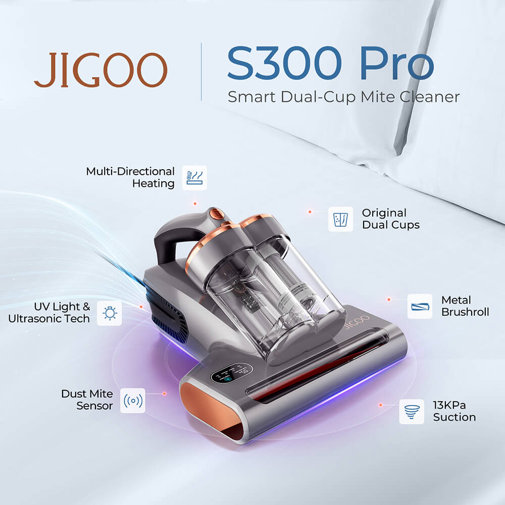 JIGOO S300 Pro Milbensauger für matratzen Mit Staubmilbensensor&Intelligente LED-Anzeige,UV-Licht und Heißwindfunktion