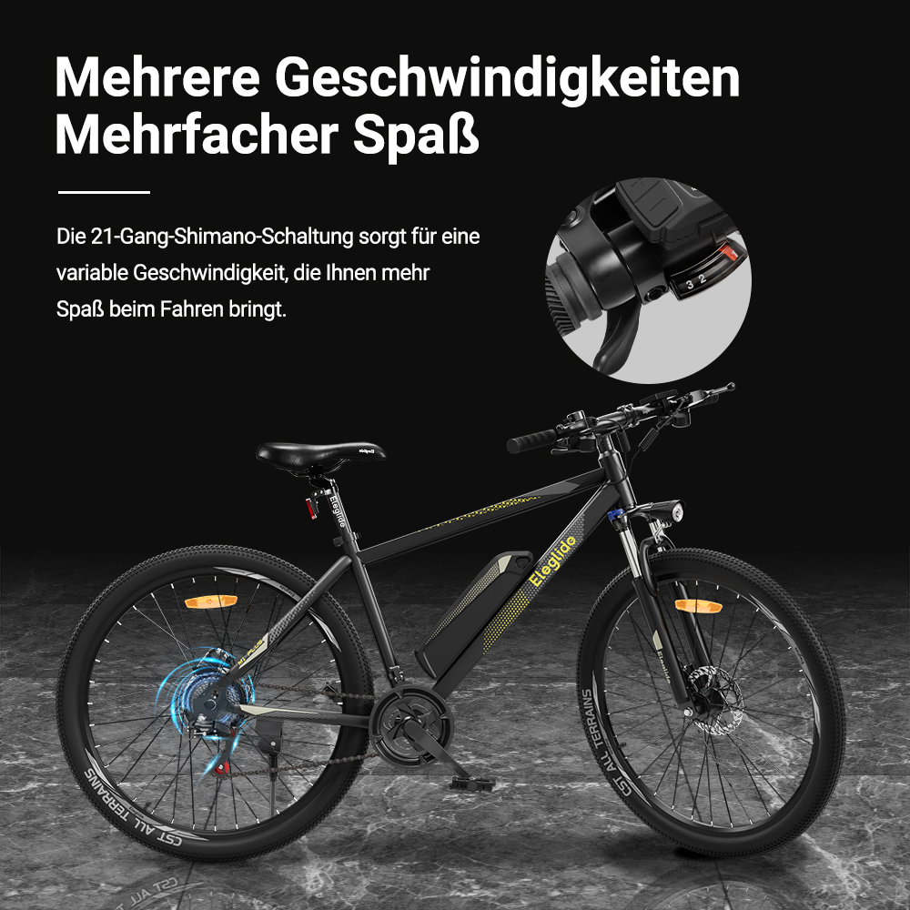 Elektro-Mountainbike  M1 PLUS 27.5“, 36V 12.5AH 100KM 250W 25KM/H, App-Steuerung, 21 Gänge 5 Geschwindigkeitsstufen