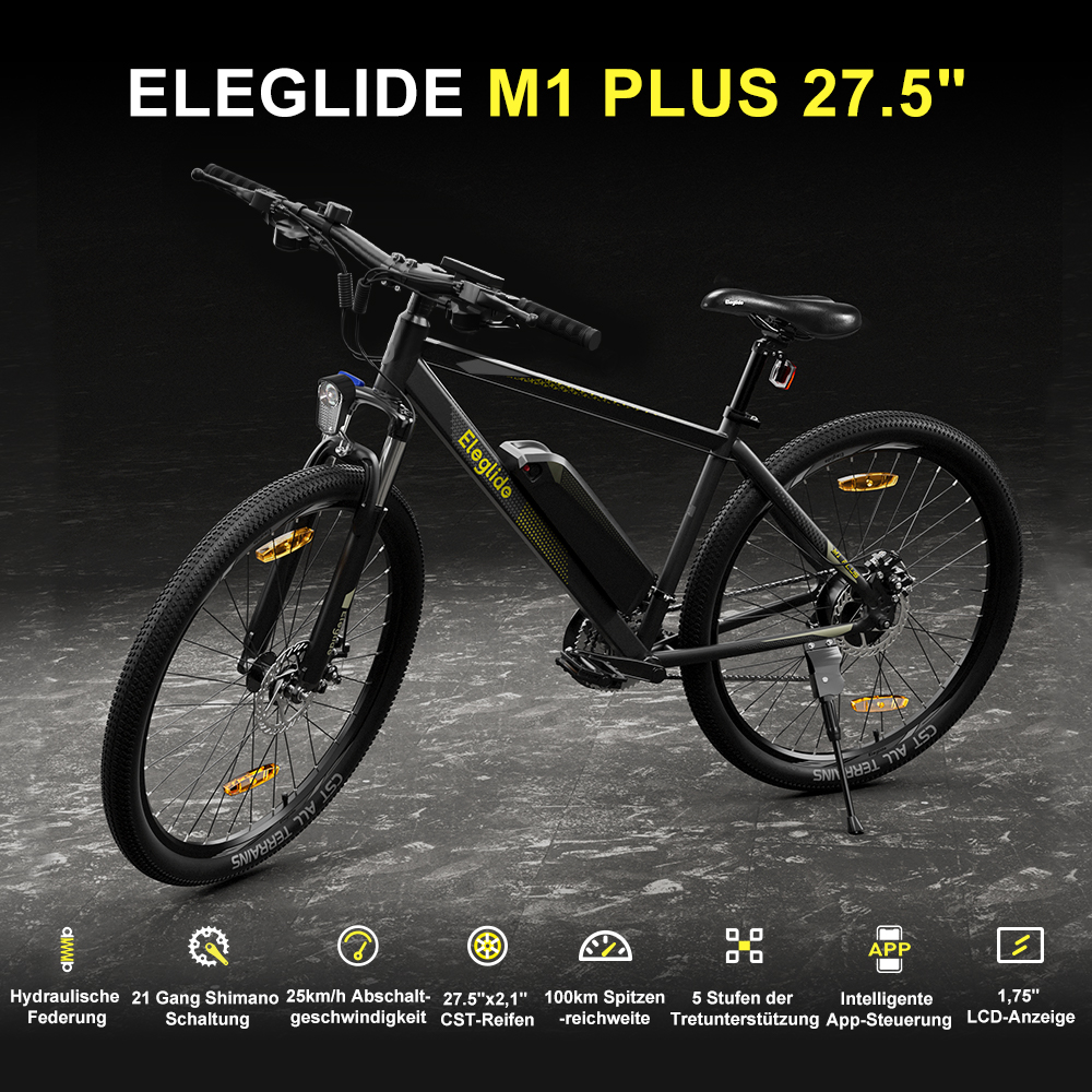 Elektro-Mountainbike  M1 PLUS 27.5“, 36V 12.5AH 100KM 250W 25KM/H, App-Steuerung, 21 Gänge 5 Geschwindigkeitsstufen