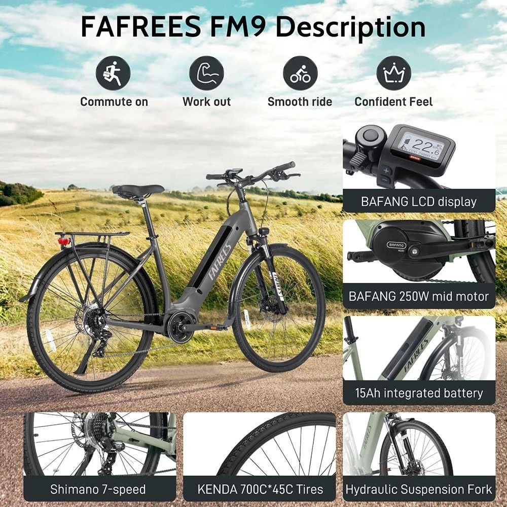 FAFREES FM9 700C*45C Reifen Durchstiegs-Elektrofahrrad, 250W Bafang Mittelmotor, 15Ah Batterie - Grün