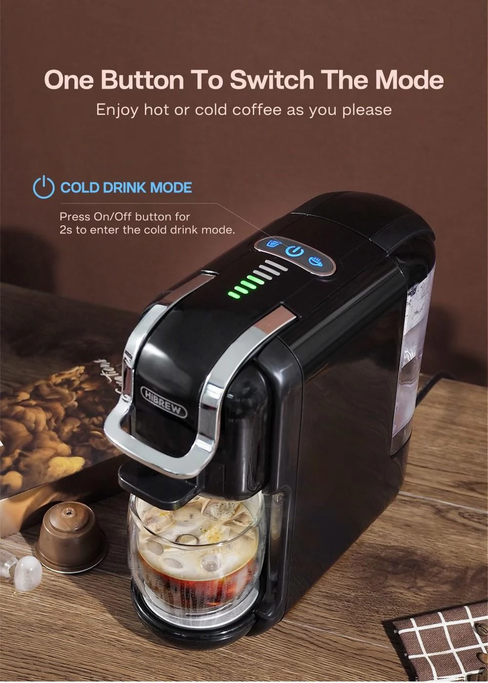 H2B 5-in-1 koffiezetapparaat met waterpeillijn, 19Bar warm/koud Capsule koffiezetapparaat, 600ml watertank - GEEKMAXI.COM