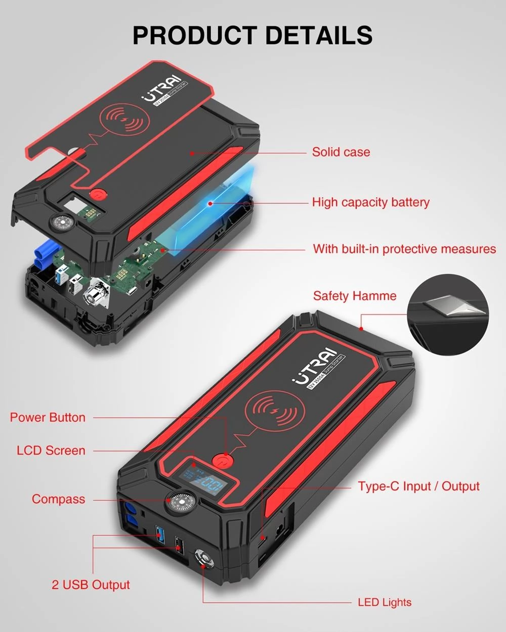 UTRAI Jstar Mini Portable Car Battery Jump Starter, Smart Clip