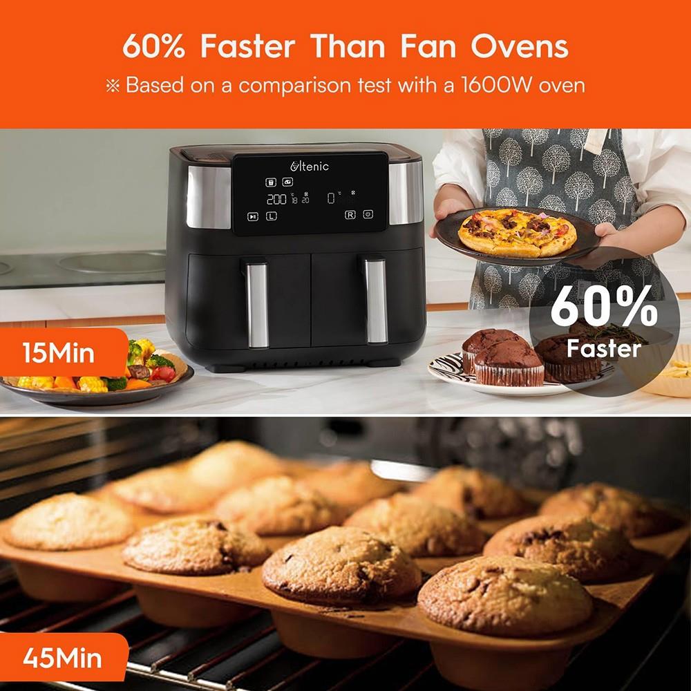 JOYAMI 1800W Air Fryer with 2 Baskets, Dual Zone, 7.6L/8QT Capacity, Sync-Finish Function, 6 Presets Touchscreen, Nonstick and Dishwasher Safe, Black