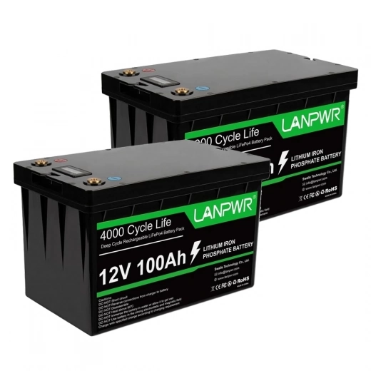 

2 Pcs LANPWR 12V 100Ah LiFePO4 Battery Pack Backup Power, 2*1280Wh Energy, 4000 Deep Cycles, 100A BMS
