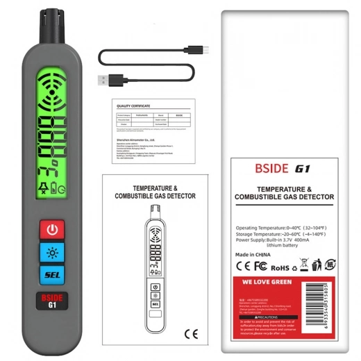 BSIDE G1 Combustible Gases Leak Detector, Natural Gases Leakage Detection, LCD Display, without Bag - Grey